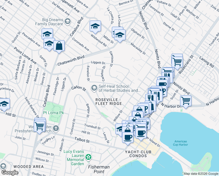 map of restaurants, bars, coffee shops, grocery stores, and more near 3526 Emerson Street in San Diego