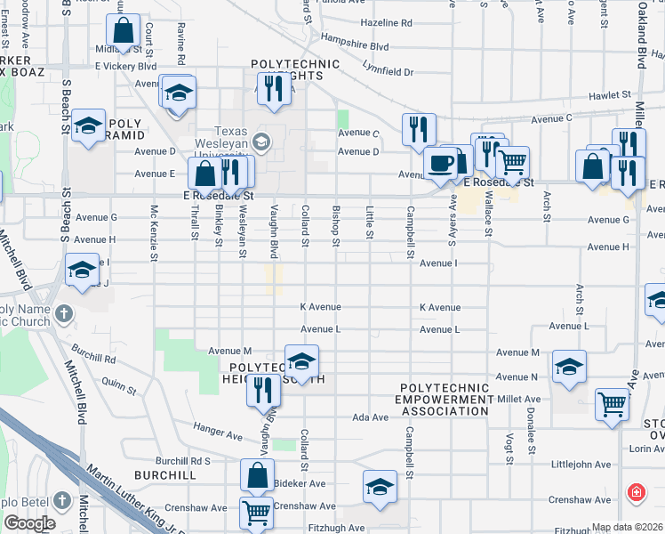 map of restaurants, bars, coffee shops, grocery stores, and more near 1604 Bishop Street in Fort Worth