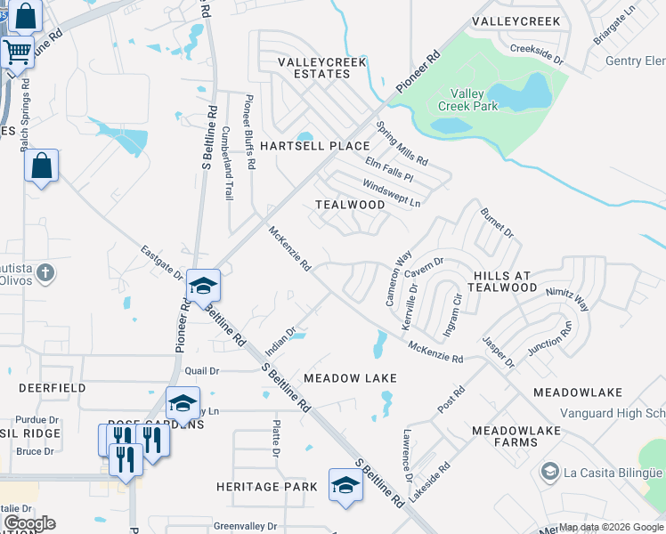 map of restaurants, bars, coffee shops, grocery stores, and more near 2801 Wimberly Court in Mesquite