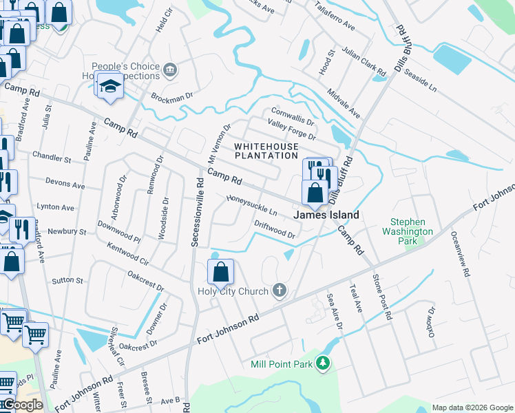map of restaurants, bars, coffee shops, grocery stores, and more near 1046 Farmington Road in Charleston
