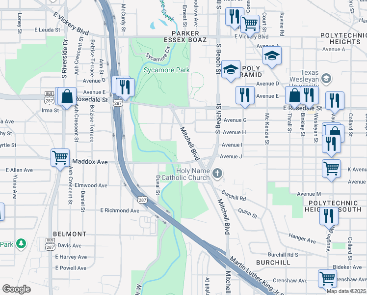 map of restaurants, bars, coffee shops, grocery stores, and more near 1520 Mitchell Boulevard in Fort Worth