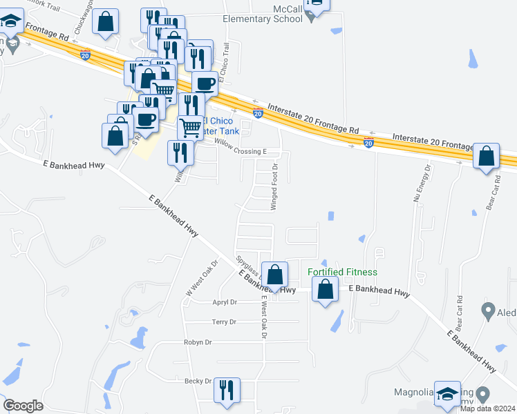 map of restaurants, bars, coffee shops, grocery stores, and more near 186 Winged Foot Drive in Willow Park