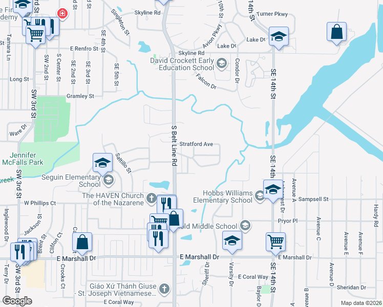 map of restaurants, bars, coffee shops, grocery stores, and more near 809 Stratford Drive in Grand Prairie