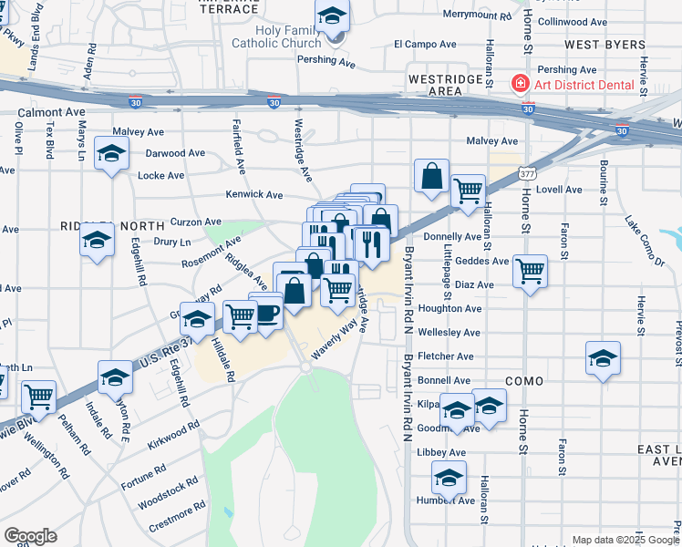 map of restaurants, bars, coffee shops, grocery stores, and more near 6115 Camp Bowie Boulevard in Fort Worth