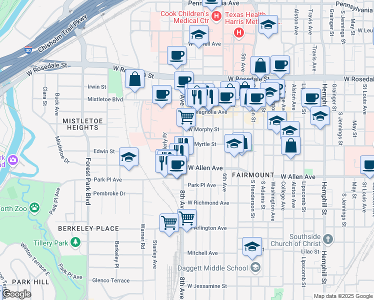 map of restaurants, bars, coffee shops, grocery stores, and more near 1425 8th Avenue in Fort Worth
