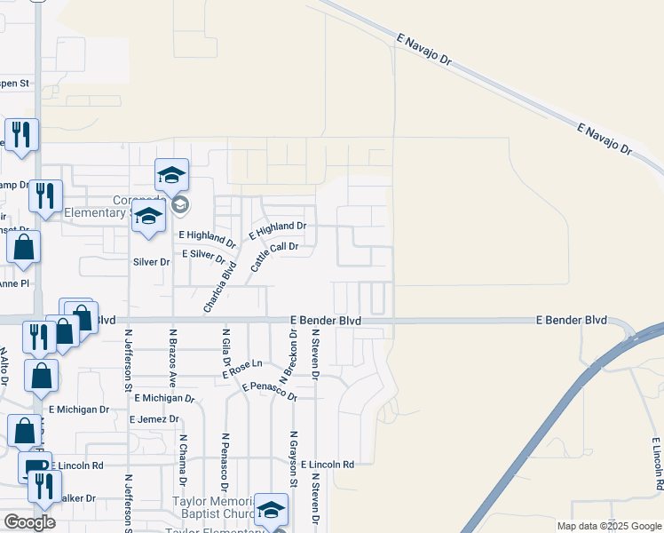 map of restaurants, bars, coffee shops, grocery stores, and more near 2501 North Green Valley Trail in Hobbs
