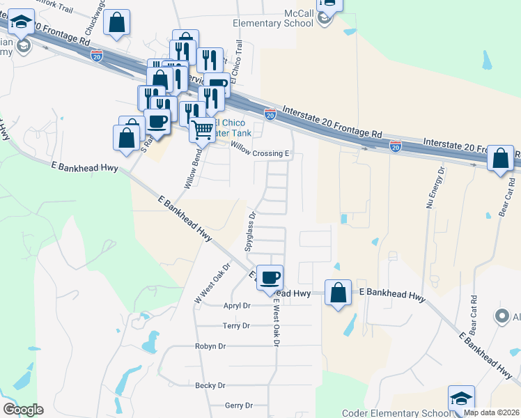 map of restaurants, bars, coffee shops, grocery stores, and more near 270 Spyglass Drive in Willow Park