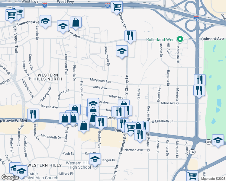 map of restaurants, bars, coffee shops, grocery stores, and more near 8015 Julie Avenue in Fort Worth