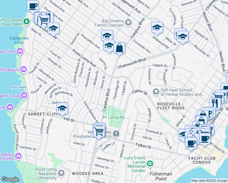 map of restaurants, bars, coffee shops, grocery stores, and more near 1202 Fleetridge Drive in San Diego