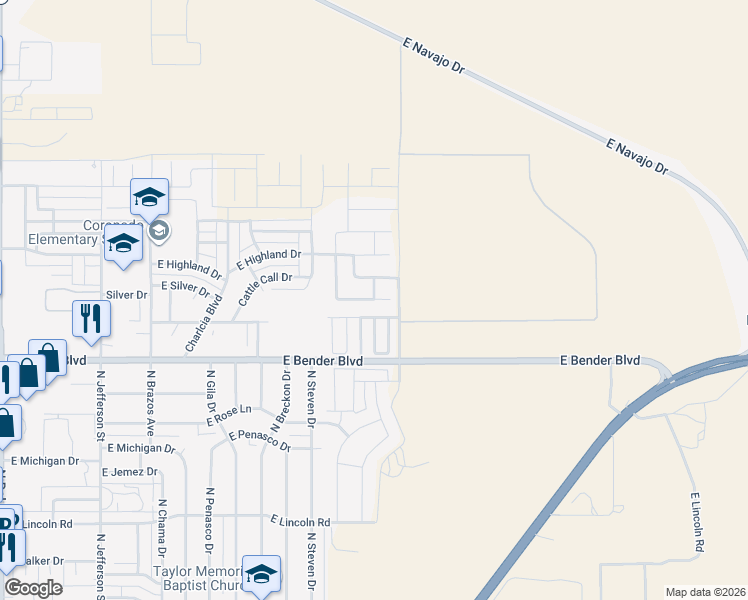 map of restaurants, bars, coffee shops, grocery stores, and more near 2045 Heritage Lane in Hobbs