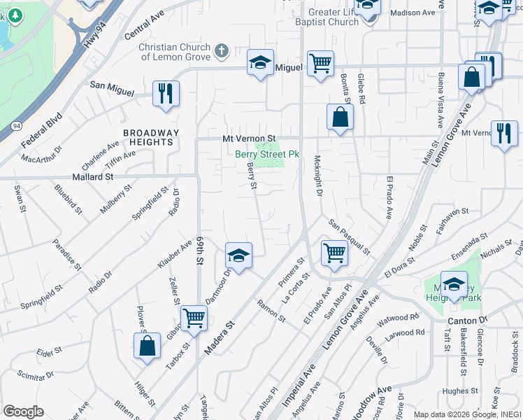 map of restaurants, bars, coffee shops, grocery stores, and more near 2127 Berry Street in Lemon Grove