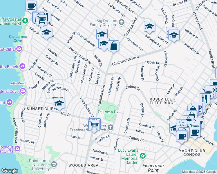 map of restaurants, bars, coffee shops, grocery stores, and more near 1202 Fleetridge Drive in San Diego