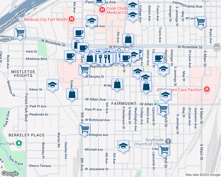 map of restaurants, bars, coffee shops, grocery stores, and more near 1508 South Lake Street in Fort Worth