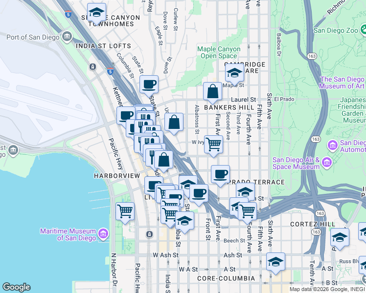 map of restaurants, bars, coffee shops, grocery stores, and more near 6 Brant Street in San Diego