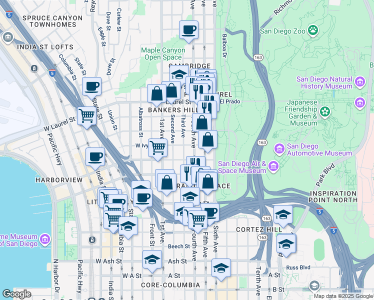 map of restaurants, bars, coffee shops, grocery stores, and more near 304 Ivy Street in San Diego