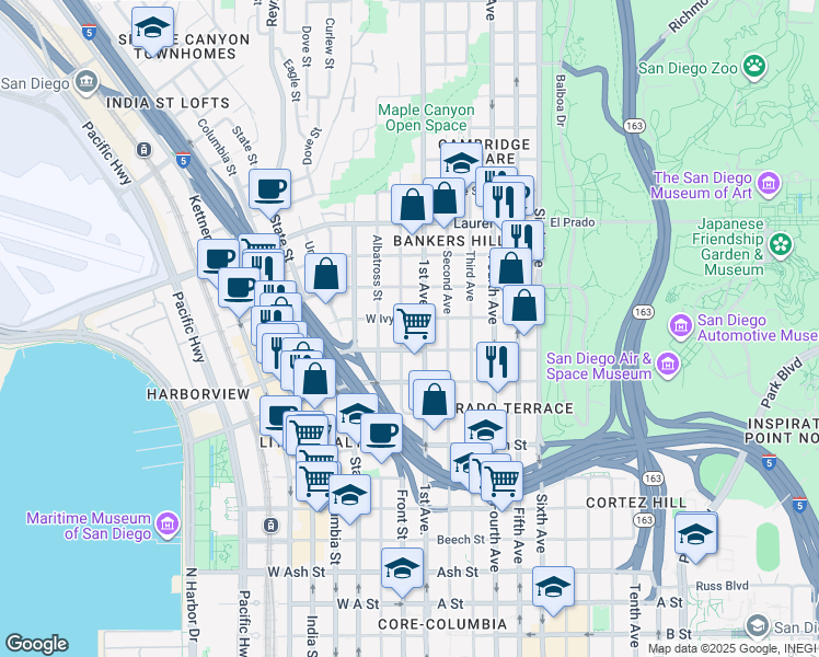map of restaurants, bars, coffee shops, grocery stores, and more near in San Diego