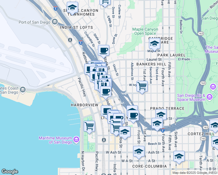 map of restaurants, bars, coffee shops, grocery stores, and more near 710 West Ivy Street in San Diego