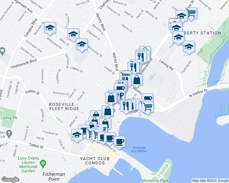 map of restaurants, bars, coffee shops, grocery stores, and more near 3110 Jarvis Street in San Diego