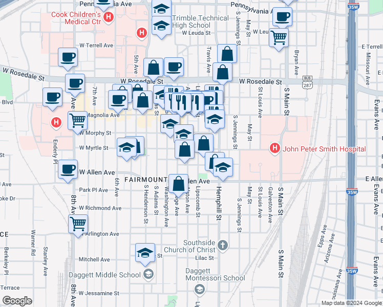 map of restaurants, bars, coffee shops, grocery stores, and more near 1424 Lipscomb Street in Fort Worth