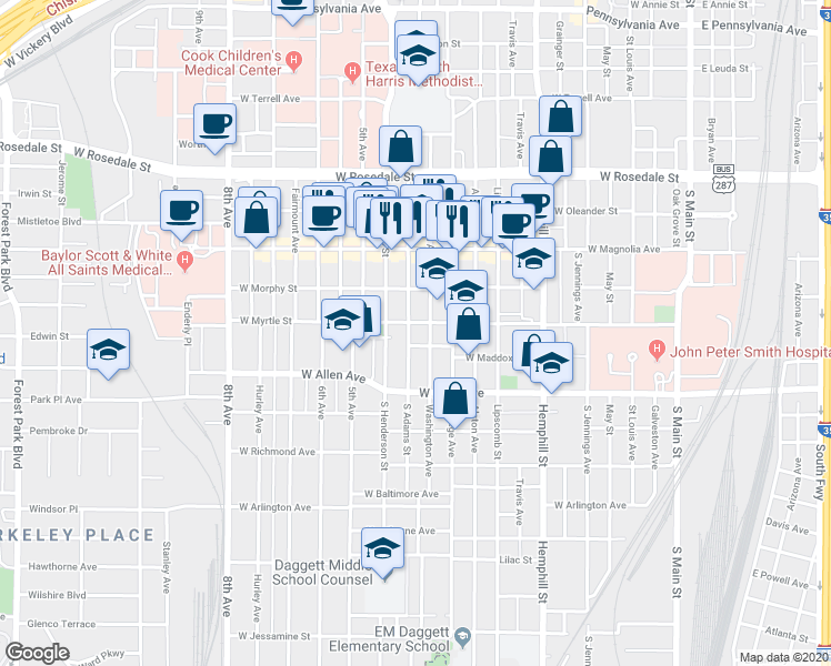 map of restaurants, bars, coffee shops, grocery stores, and more near 1421 South Adams Street in Fort Worth