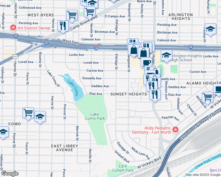 map of restaurants, bars, coffee shops, grocery stores, and more near 4900 Geddes Avenue in Fort Worth