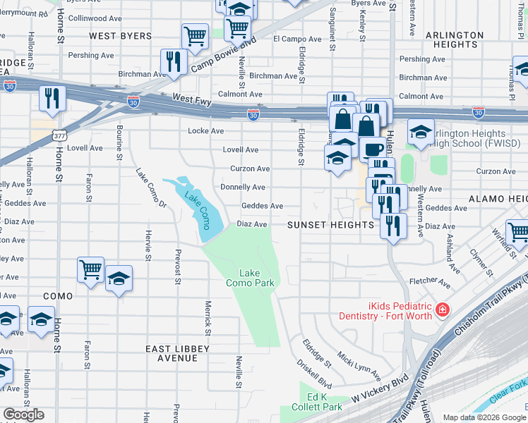 map of restaurants, bars, coffee shops, grocery stores, and more near 4936 Geddes Avenue in Fort Worth