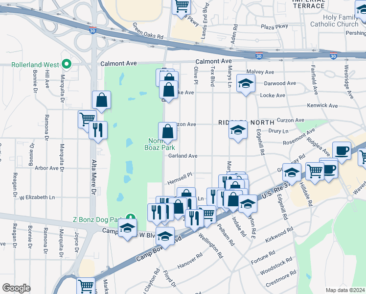 map of restaurants, bars, coffee shops, grocery stores, and more near 3113 Sappington Place in Fort Worth