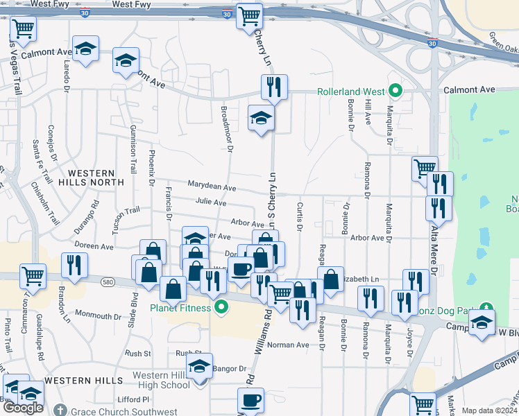 map of restaurants, bars, coffee shops, grocery stores, and more near 3104 Karen Street in Fort Worth