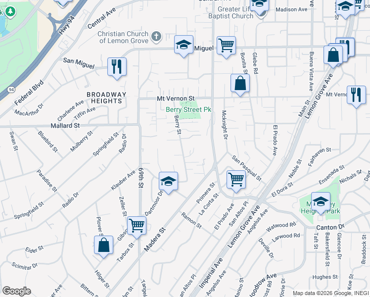 map of restaurants, bars, coffee shops, grocery stores, and more near 2127 Berry Street in Lemon Grove
