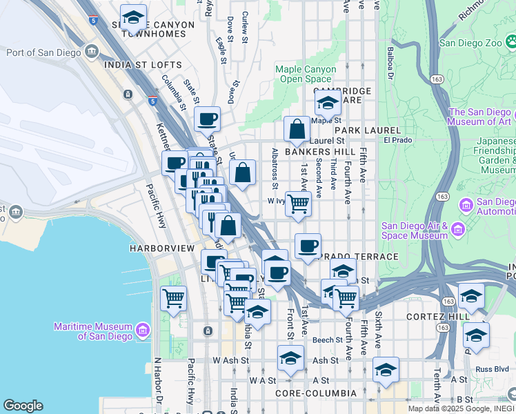 map of restaurants, bars, coffee shops, grocery stores, and more near 6 Brant Street in San Diego
