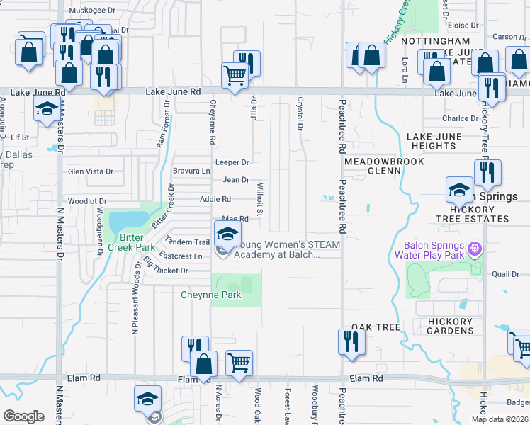 map of restaurants, bars, coffee shops, grocery stores, and more near 2916 Wilhoit Street in Balch Springs