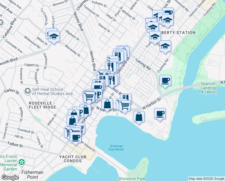 map of restaurants, bars, coffee shops, grocery stores, and more near 2910 Nimitz Boulevard in San Diego