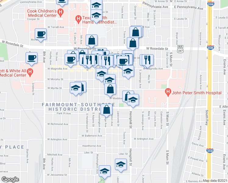 map of restaurants, bars, coffee shops, grocery stores, and more near 1424 Lipscomb Street in Fort Worth