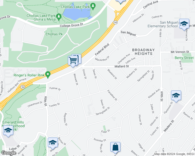 map of restaurants, bars, coffee shops, grocery stores, and more near 2127 Swan Street in San Diego