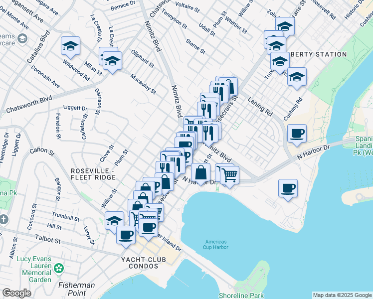 map of restaurants, bars, coffee shops, grocery stores, and more near in San Diego