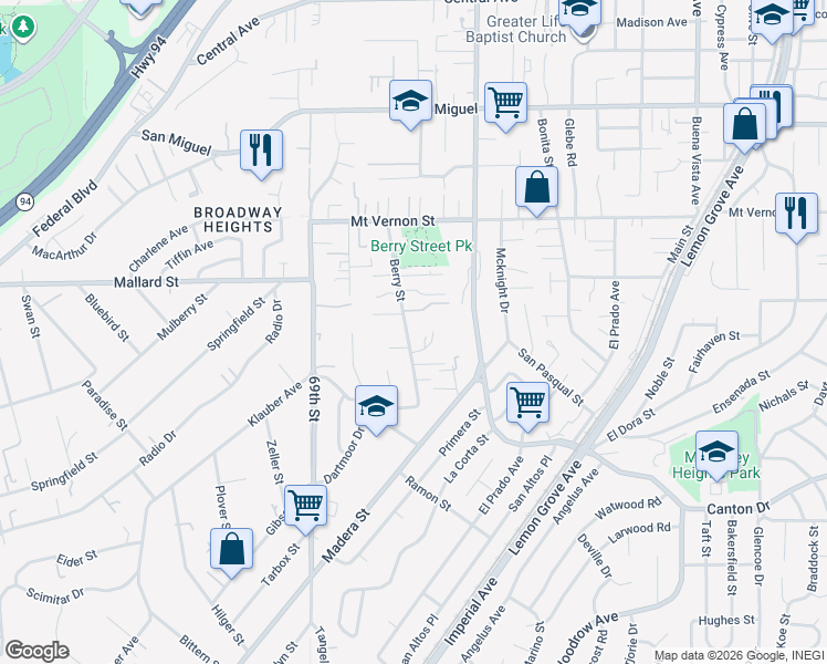 map of restaurants, bars, coffee shops, grocery stores, and more near 7077 Russan Lane in Lemon Grove