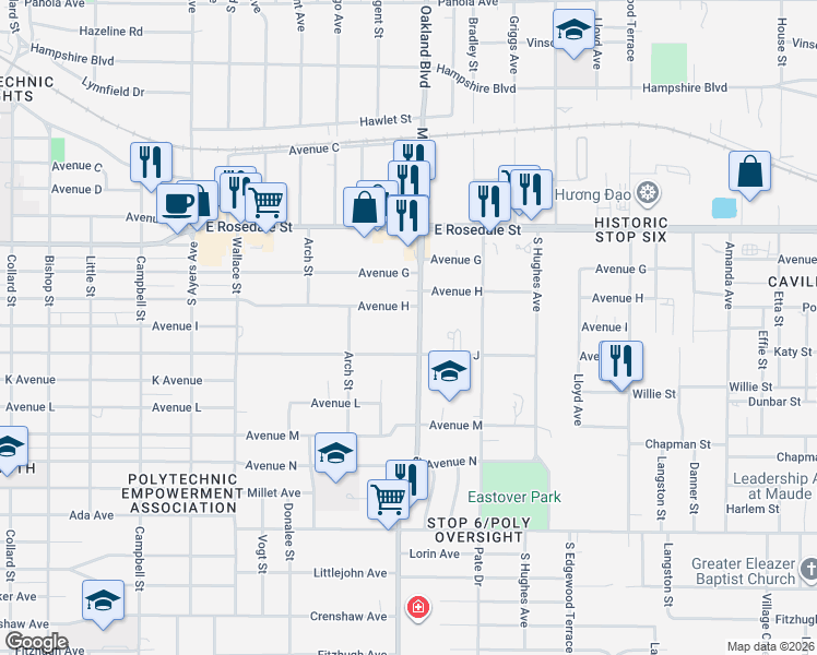 map of restaurants, bars, coffee shops, grocery stores, and more near 4132 Avenue H in Fort Worth
