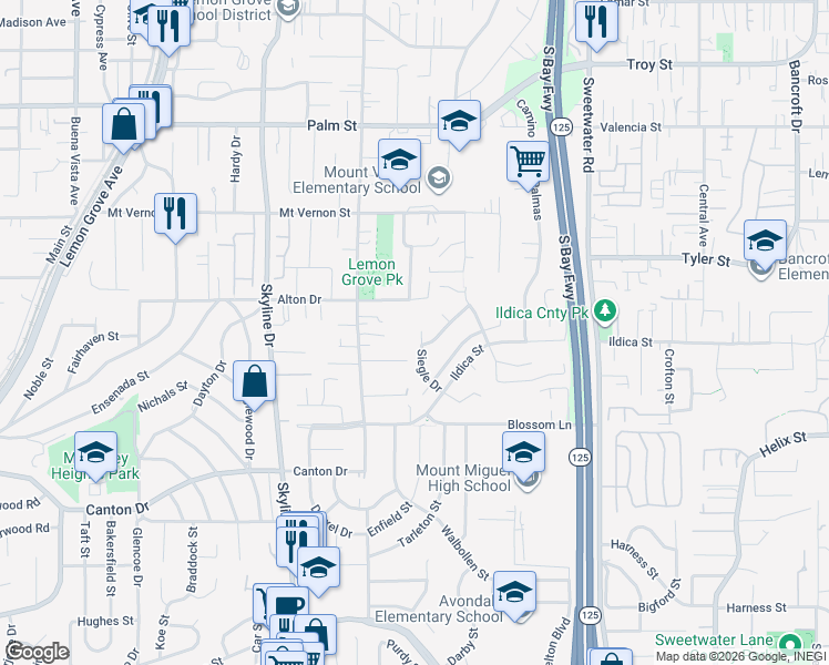 map of restaurants, bars, coffee shops, grocery stores, and more near 2116 Siegle Court in Lemon Grove