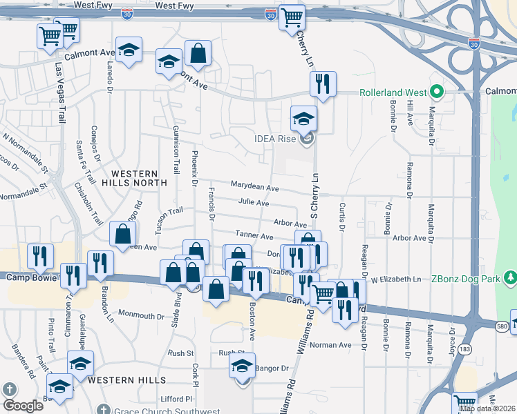 map of restaurants, bars, coffee shops, grocery stores, and more near 8118 Julie Avenue in Fort Worth
