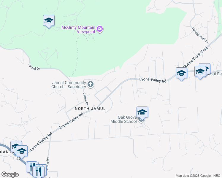 map of restaurants, bars, coffee shops, grocery stores, and more near 3117 Cherimoya Street in Jamul