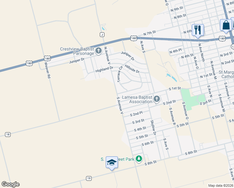 map of restaurants, bars, coffee shops, grocery stores, and more near 201 North Avenue V in Lamesa
