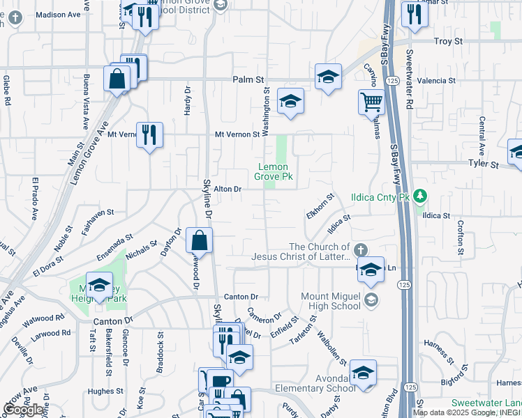 map of restaurants, bars, coffee shops, grocery stores, and more near 2150 Washington Street in Lemon Grove