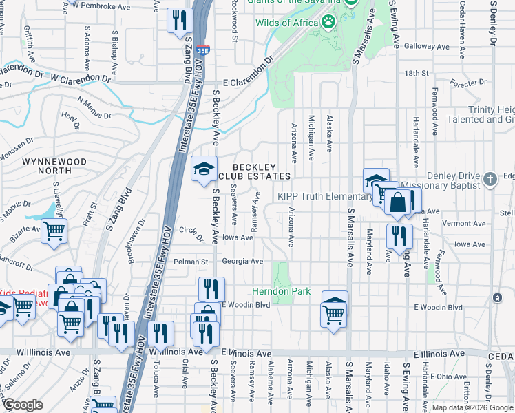map of restaurants, bars, coffee shops, grocery stores, and more near 1615 Ramsey Avenue in Dallas