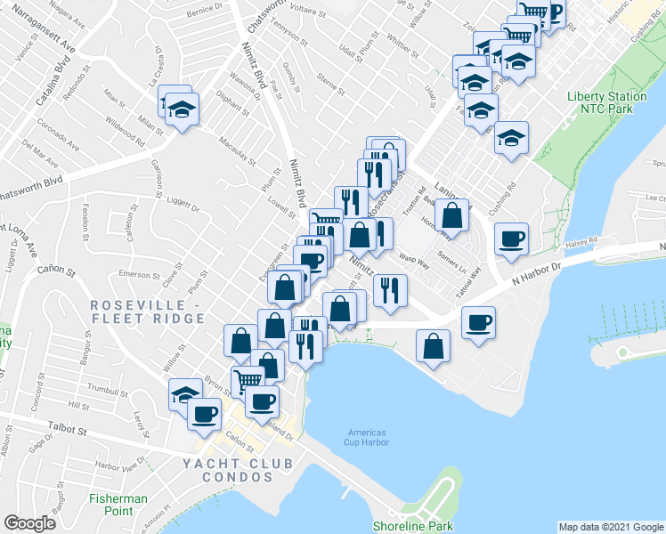 map of restaurants, bars, coffee shops, grocery stores, and more near Rosecrans St & Keats St in San Diego