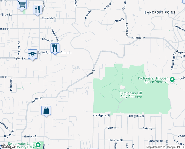 map of restaurants, bars, coffee shops, grocery stores, and more near 2451 Helix Street in Spring Valley
