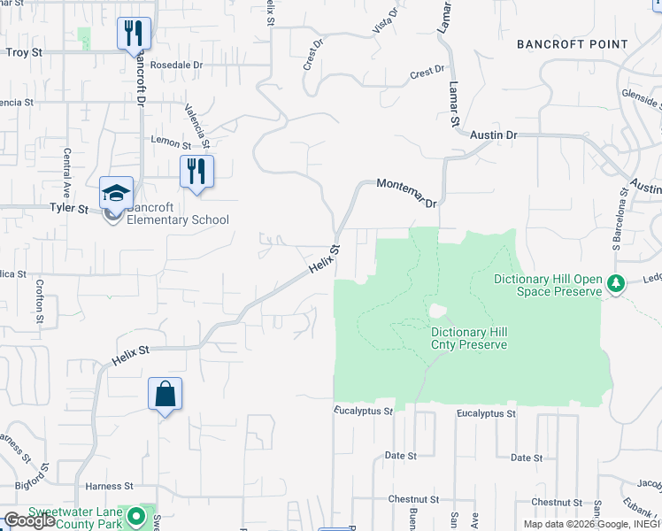 map of restaurants, bars, coffee shops, grocery stores, and more near 2451 Helix Street in Spring Valley
