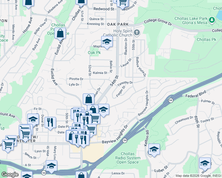 map of restaurants, bars, coffee shops, grocery stores, and more near 2160 54th Frontage Street in San Diego