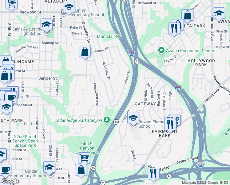 map of restaurants, bars, coffee shops, grocery stores, and more near 2163 Becky Place in San Diego