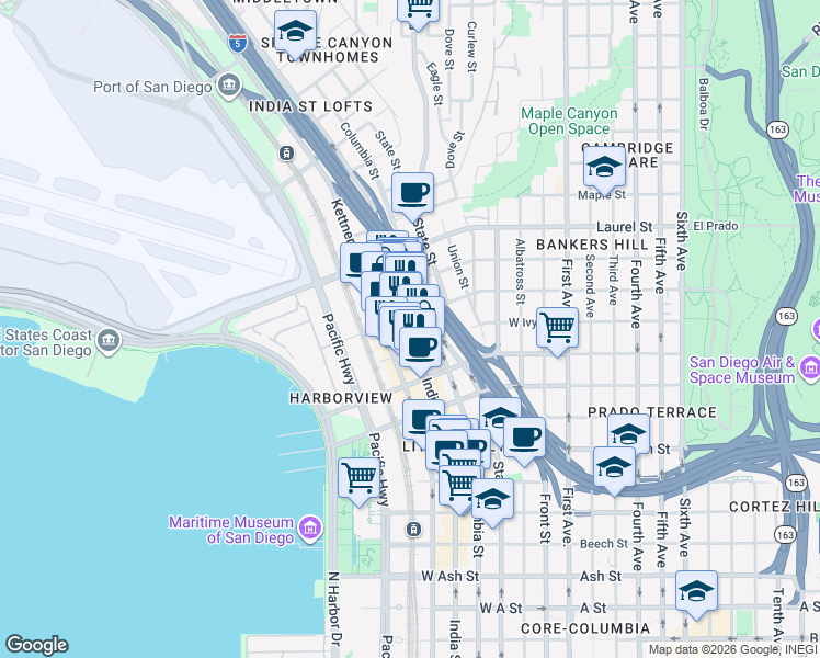 map of restaurants, bars, coffee shops, grocery stores, and more near 710 West Ivy Street in San Diego