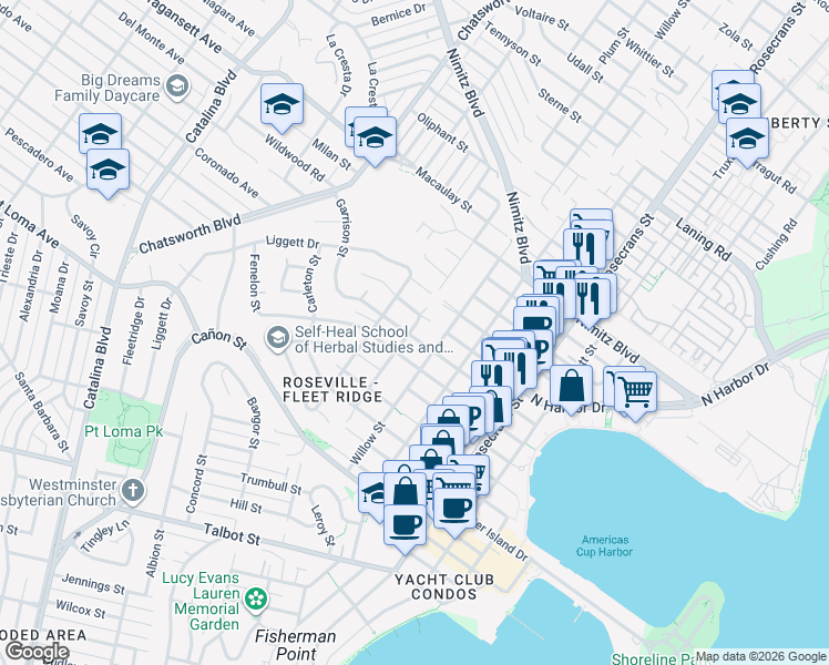 map of restaurants, bars, coffee shops, grocery stores, and more near 3412 Garrison Street in San Diego